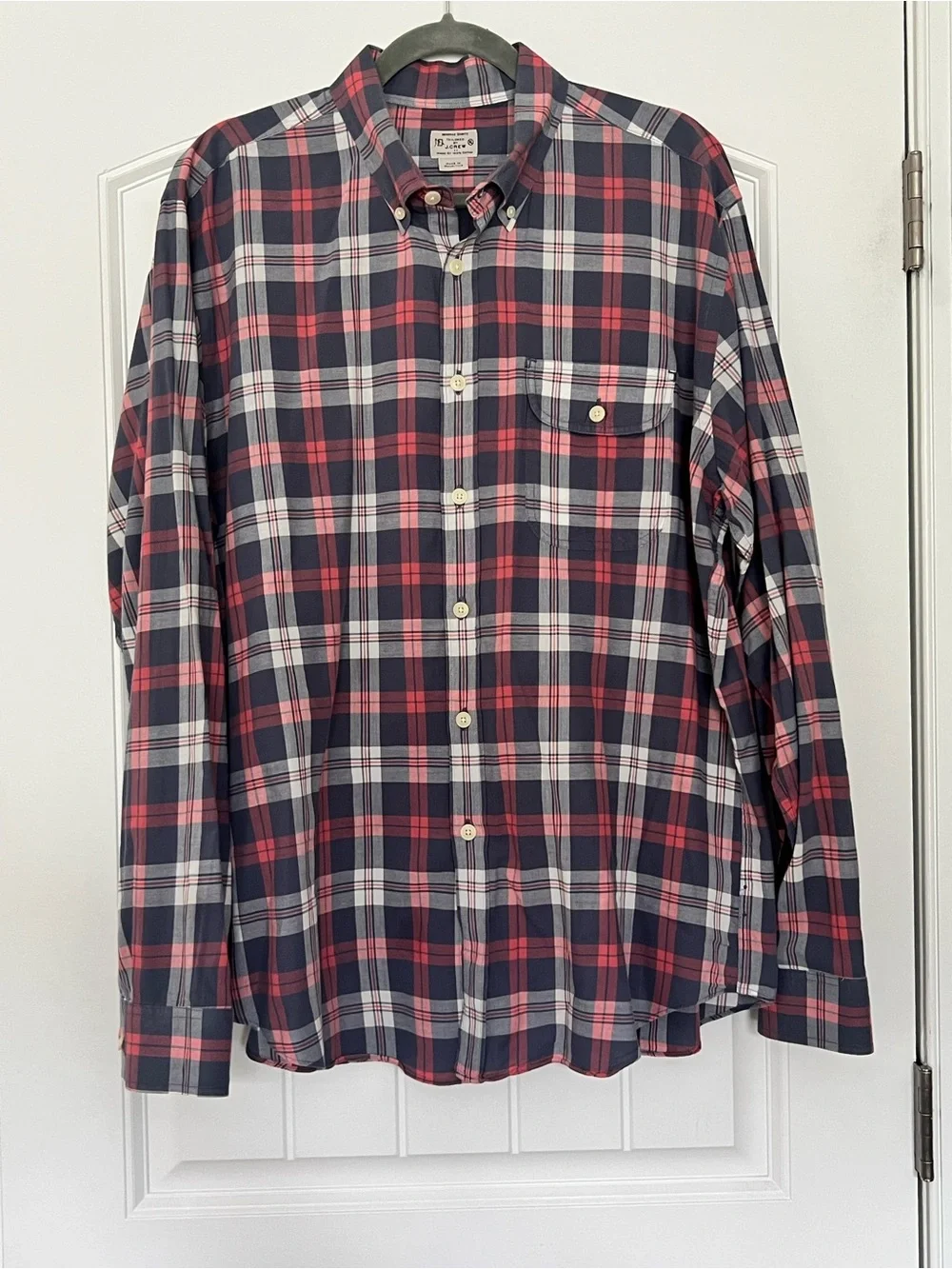 J. Crew Men's Madras Plaid Button Down Shirt Navy Red White Cotton Poplin XL
